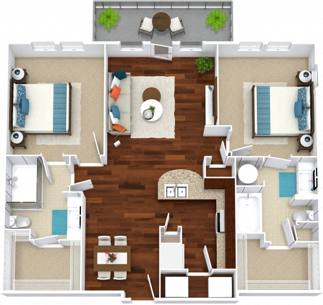 Floor plan for 2 beds, 2 baths, 1065 sqft